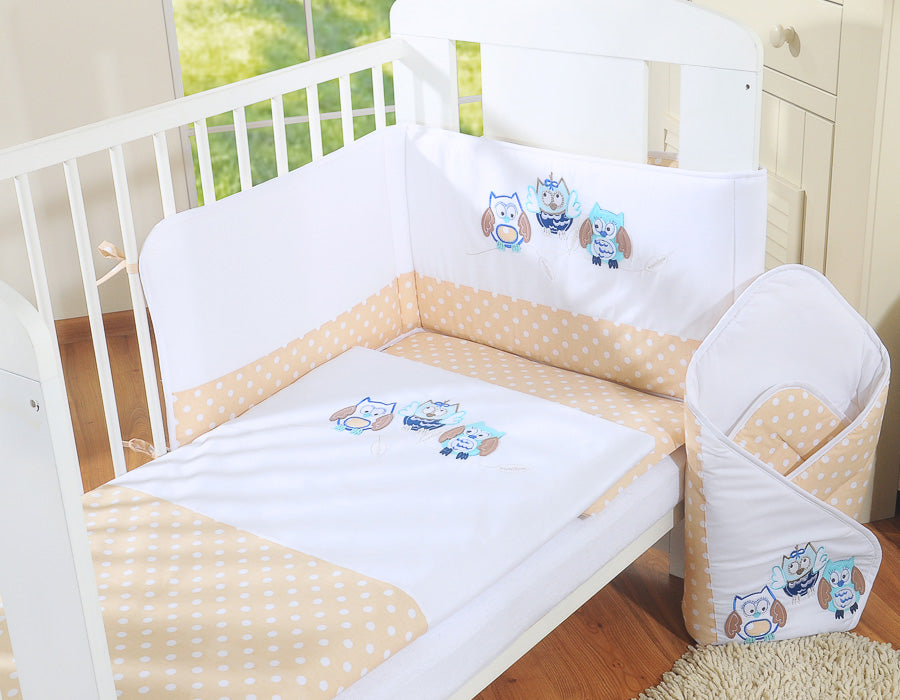 Baby bedding set 135x100 cm with bumper 3-pcs Beige owls with beige and blue embroidery
