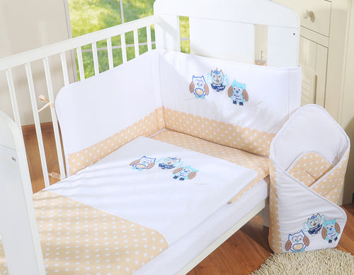 Baby bedding set 135x100 cm with bumper 3-pcs Beige owls with beige and blue embroidery
