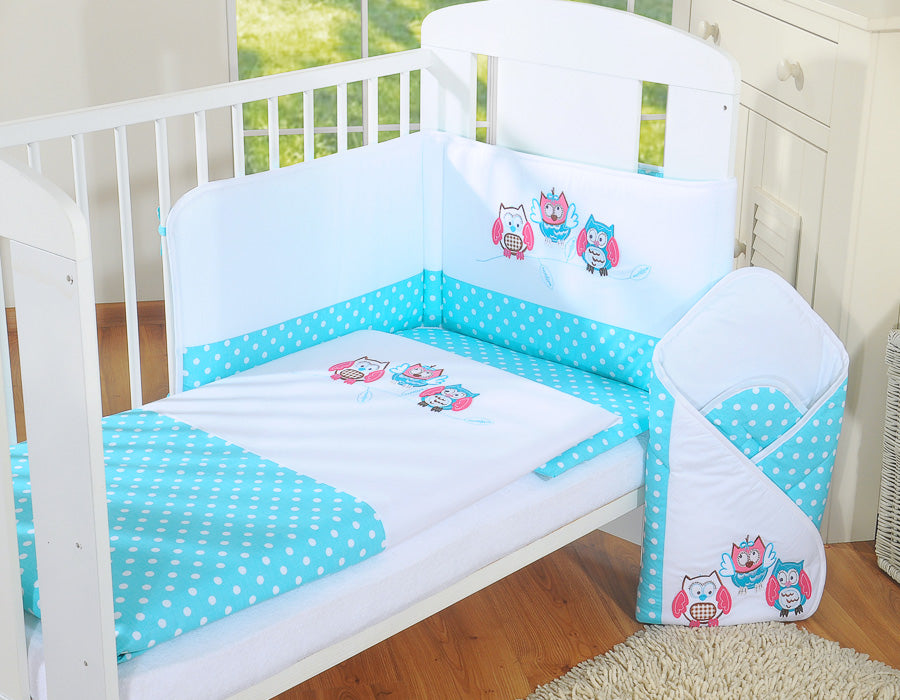 Baby bedding set 120x90 cm with bumper 3-pcs Turquoise Owls with pink and turquoise embroidery