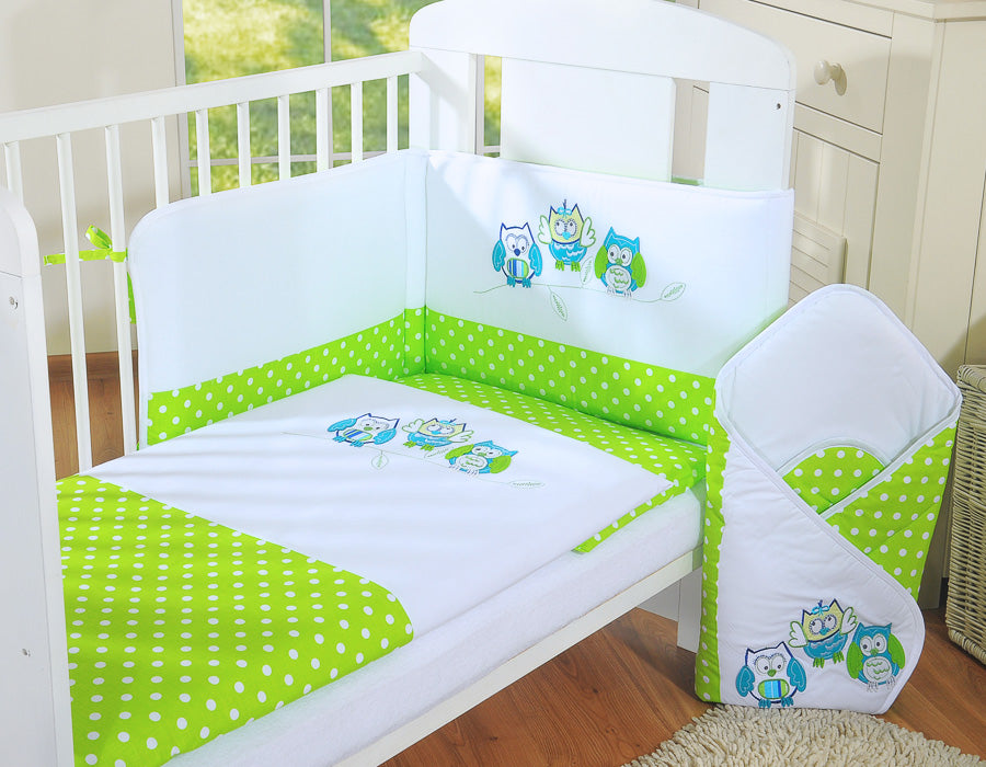 Baby bedding set 135x100 cm with bumper 3-pcs Green Owls with green and turquoise embroidery