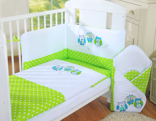 Baby bedding set 135x100 cm with bumper 3-pcs Green Owls with green and turquoise embroidery