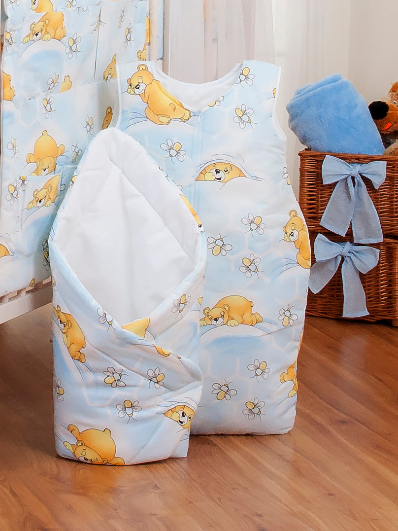 Cotton sleeping bag for children, size M, 6-12 months, TOG 2.5, all-season, blue teddy bear