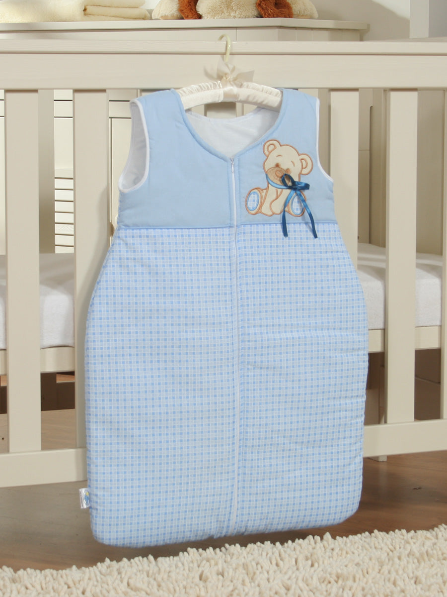 Cotton sleeping bag for children, size M, 6-12 months, TOG 2.5, all-season, Bear with bow blue