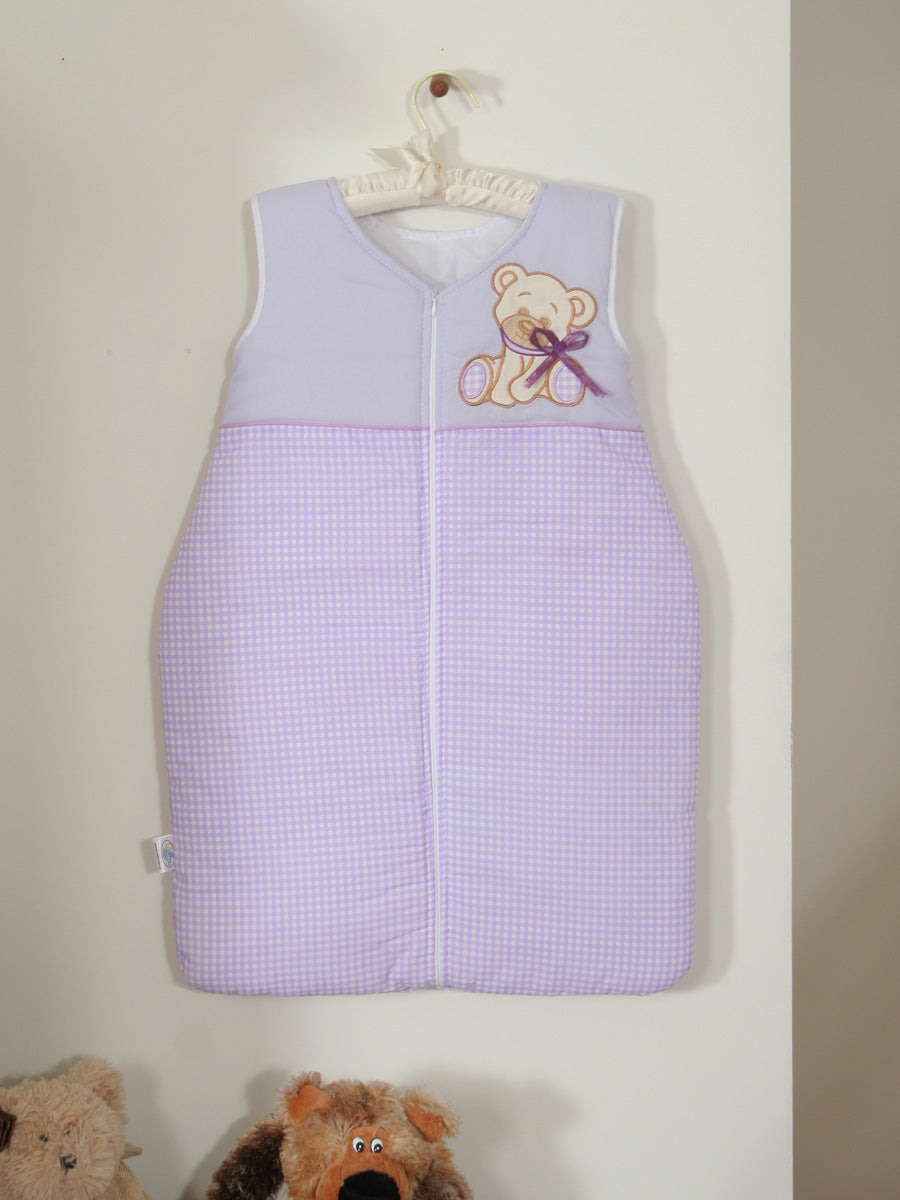 Cotton sleeping bag for children, size M, 6-12 months, TOG 2.5, all-season, Bear with bow lilac