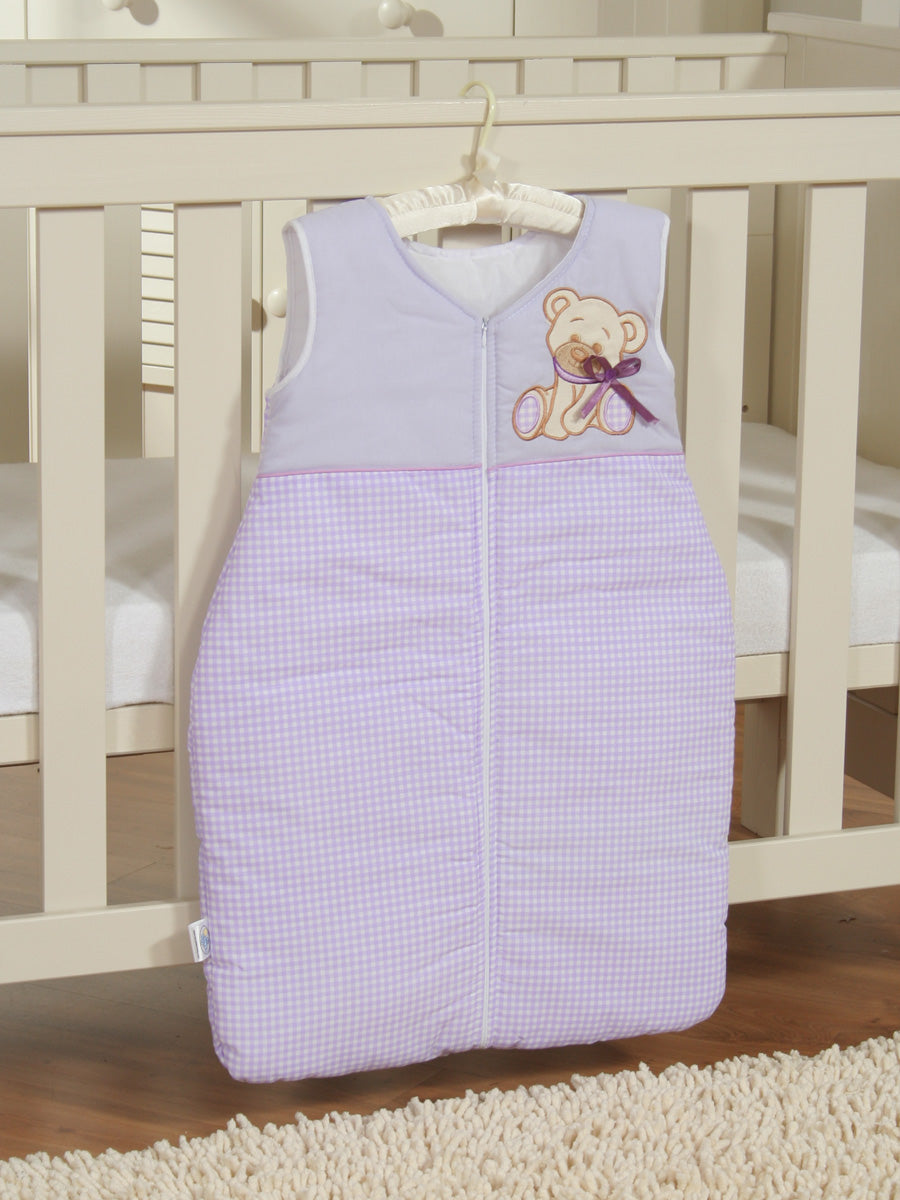 Cotton sleeping bag for children, size M, 6-12 months, TOG 2.5, all-season, Bear with bow lilac