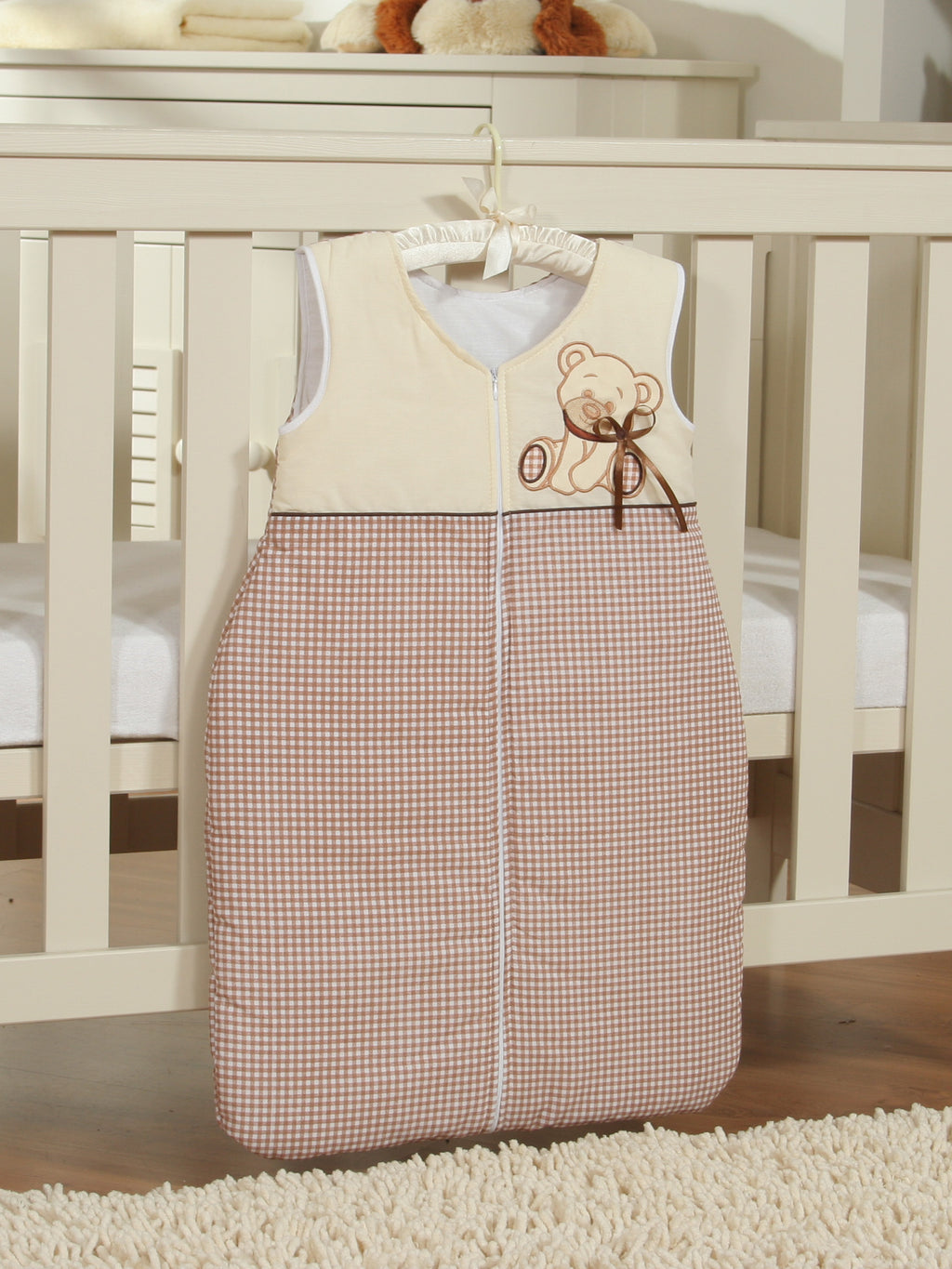 Cotton sleeping bag for children, size M, 6-12 months, TOG 2.5, all-season, Bear with bow brown