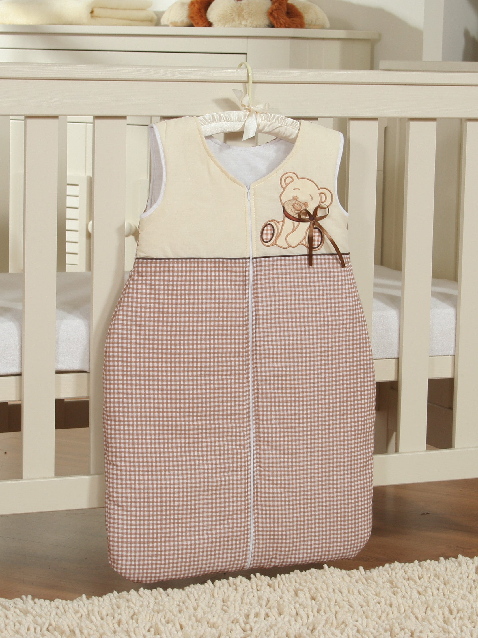Cotton sleeping bag for children, size M, 6-12 months, TOG 2.5, all-season, Bear with bow brown