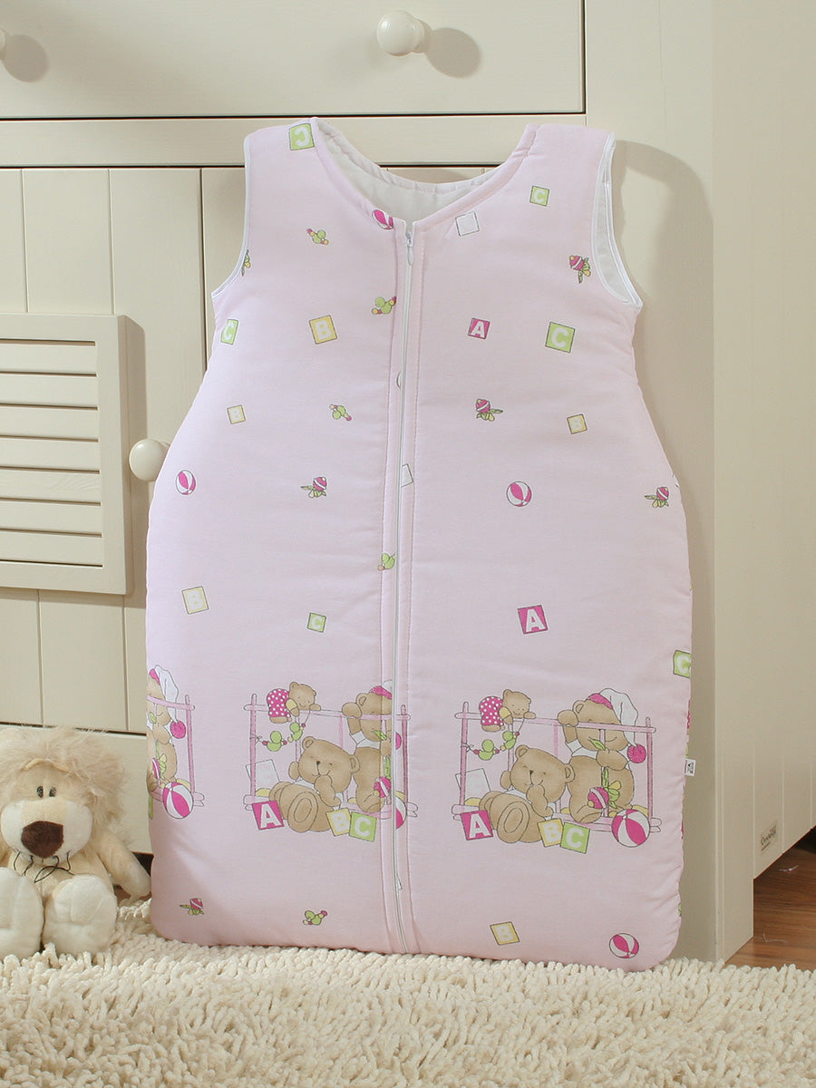 Cotton sleeping bag for children, size M, 6-12 months, TOG 2.5, all-season teddy bears in a cot pink