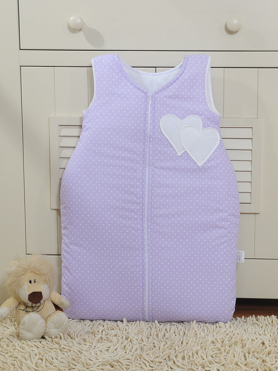Cotton sleeping bag for children, size M, 6-12 months, TOG 2.5, all-season, hearts dots on lilac