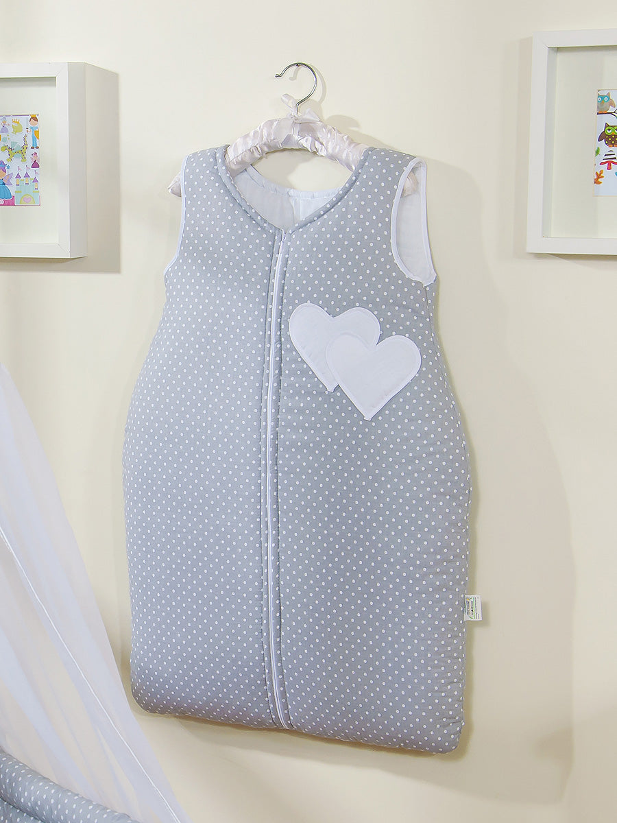 Cotton sleeping bag for children, size M, 6-12 months, TOG 2.5, all-season,hearts polka dots on grey