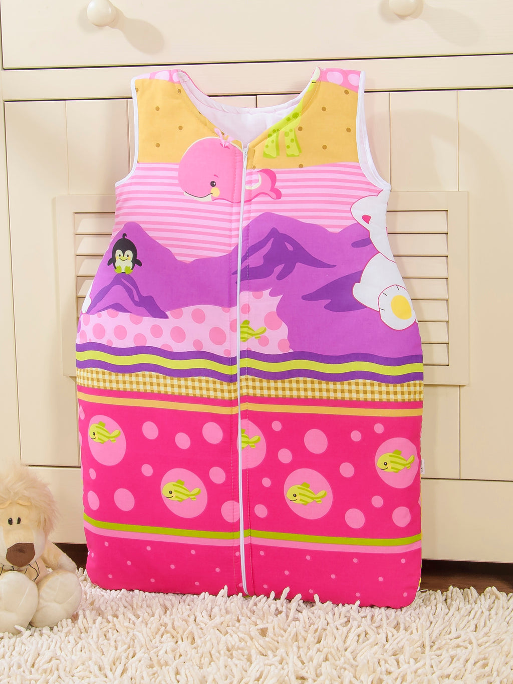 Cotton sleeping bag for children, size M, 6-12 months, TOG 2.5, all-season polar bear on pink