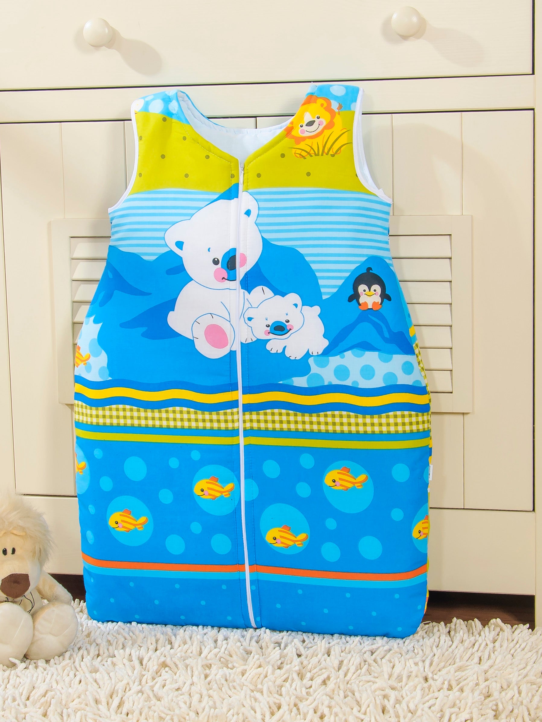 Cotton sleeping bag for children, size M, 6-12 months, TOG 2.5, all-season polar bear on blue