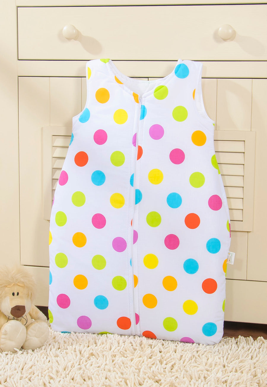 Cotton sleeping bag for children, size M, 6-12 months, TOG 2.5, all-season, brigt dots on white