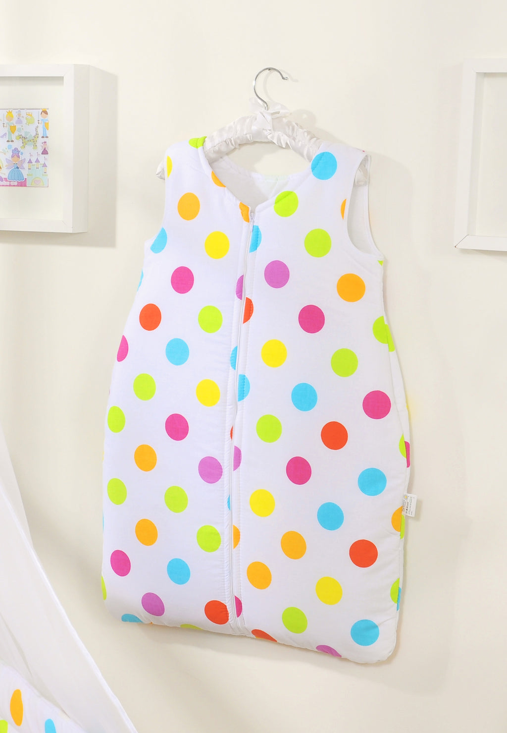 Cotton sleeping bag for children, size M, 6-12 months, TOG 2.5, all-season, brigt dots on white