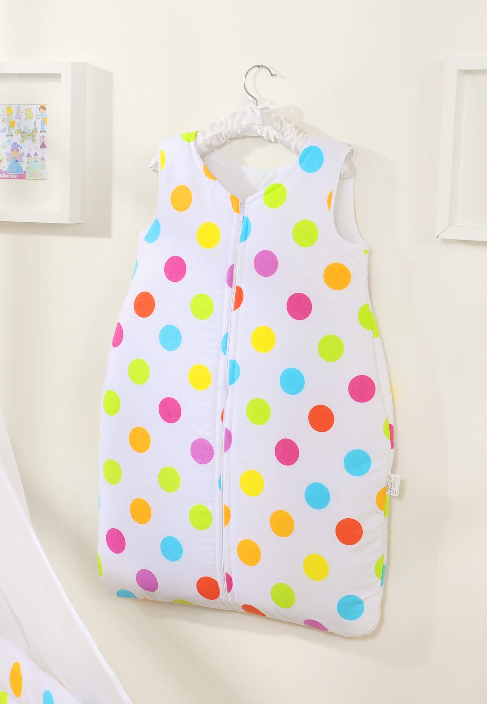 Cotton sleeping bag for children, size M, 6-12 months, TOG 2.5, all-season, brigt dots on white