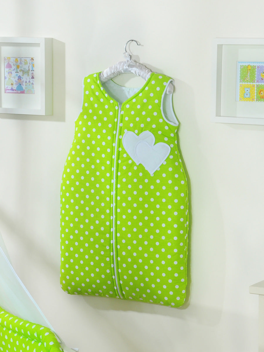Cotton sleeping bag for children, size M, 6-12 months, TOG 2.5, all-season, hearts dots on green