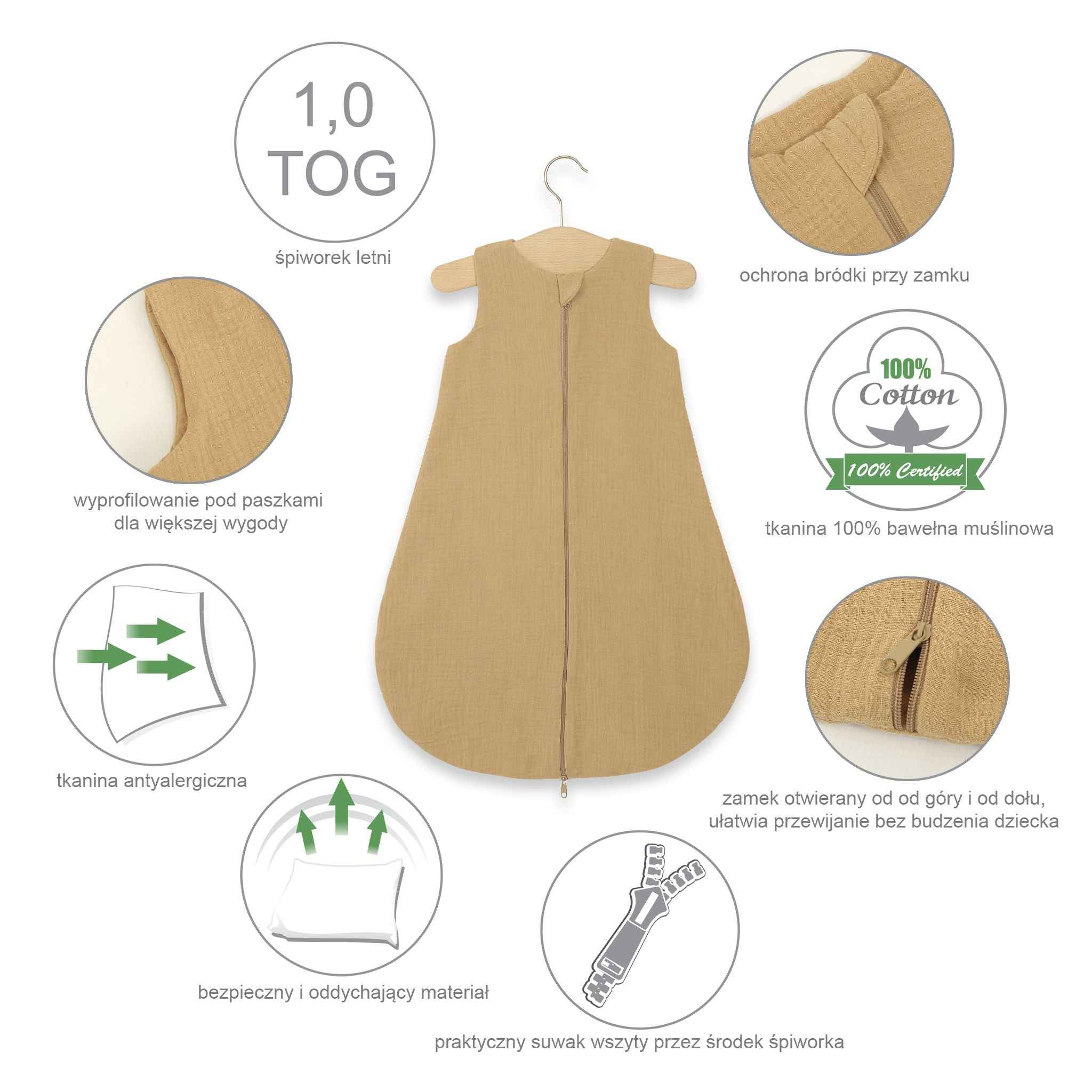 Muslin baby sleeping bag 6-12 months M for summer TOG 1.0 - pastel blue
