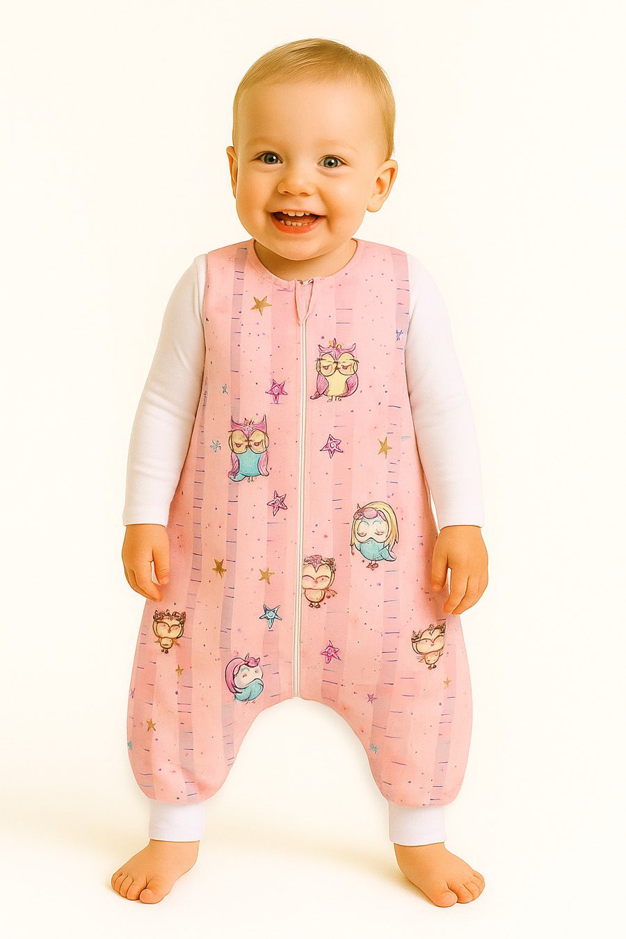 Cotton Baby Sleeping Bag  with legs Warm and Cozy L 9-24 months TOG 2.5 - pink owls