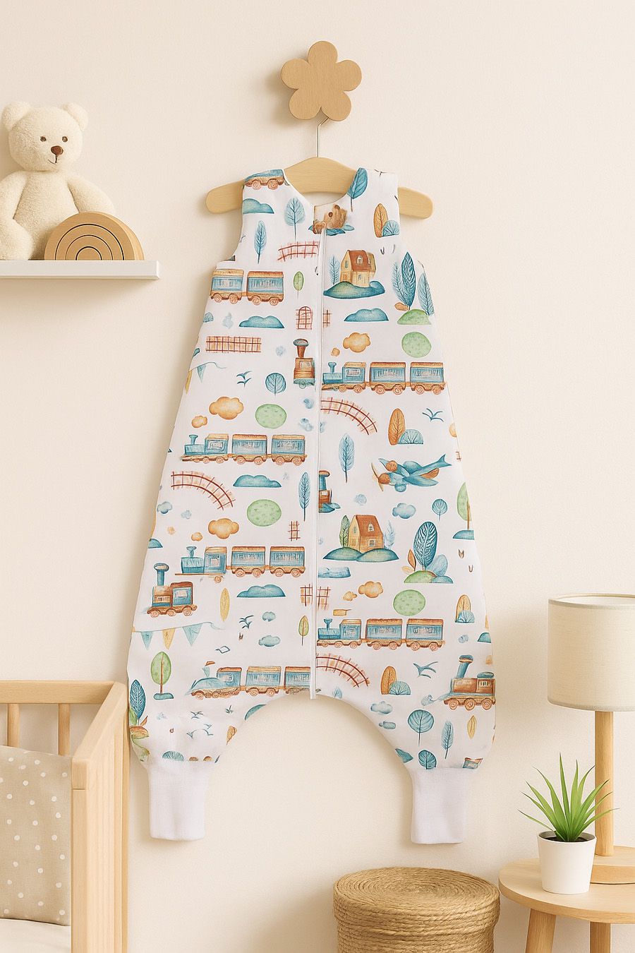 Cotton Baby Sleeping Bag  with legs Warm and Cozy L 9-24 months TOG 2.5 - turquoise train