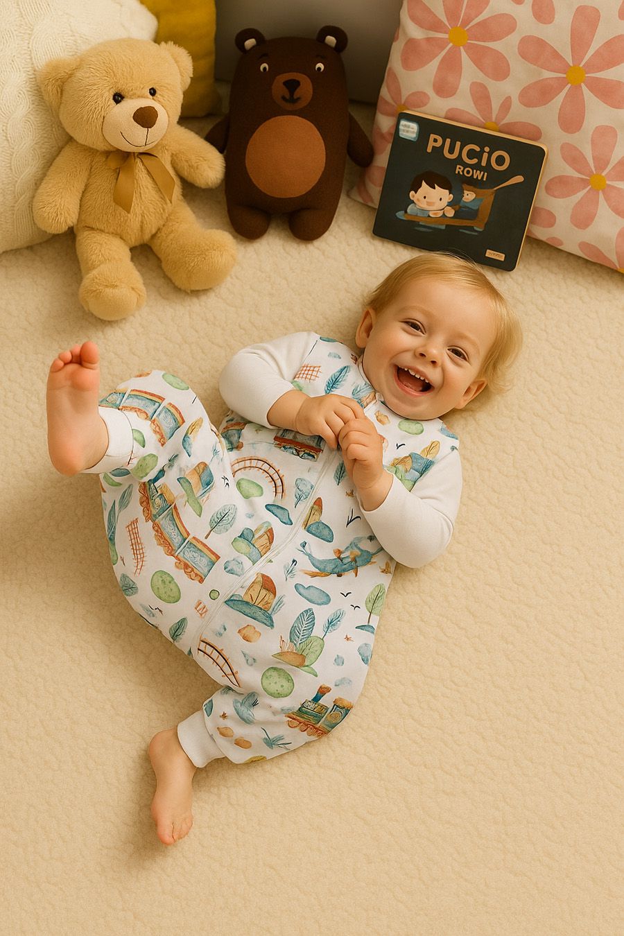 Cotton Baby Sleeping Bag  with legs Warm and Cozy L 9-24 months TOG 2.5 - turquoise train