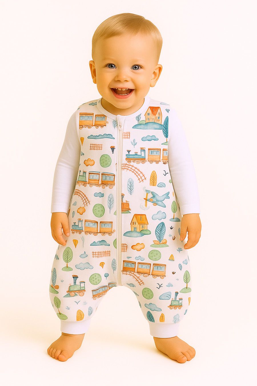 Cotton Baby Sleeping Bag  with legs Warm and Cozy L 9-24 months TOG 2.5 - turquoise train