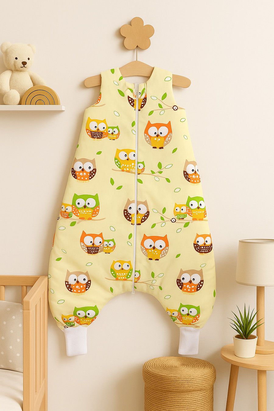 Cotton Baby Sleeping Bag  with legs Warm and Cozy L 9-24 months TOG 2.5 - cream owls