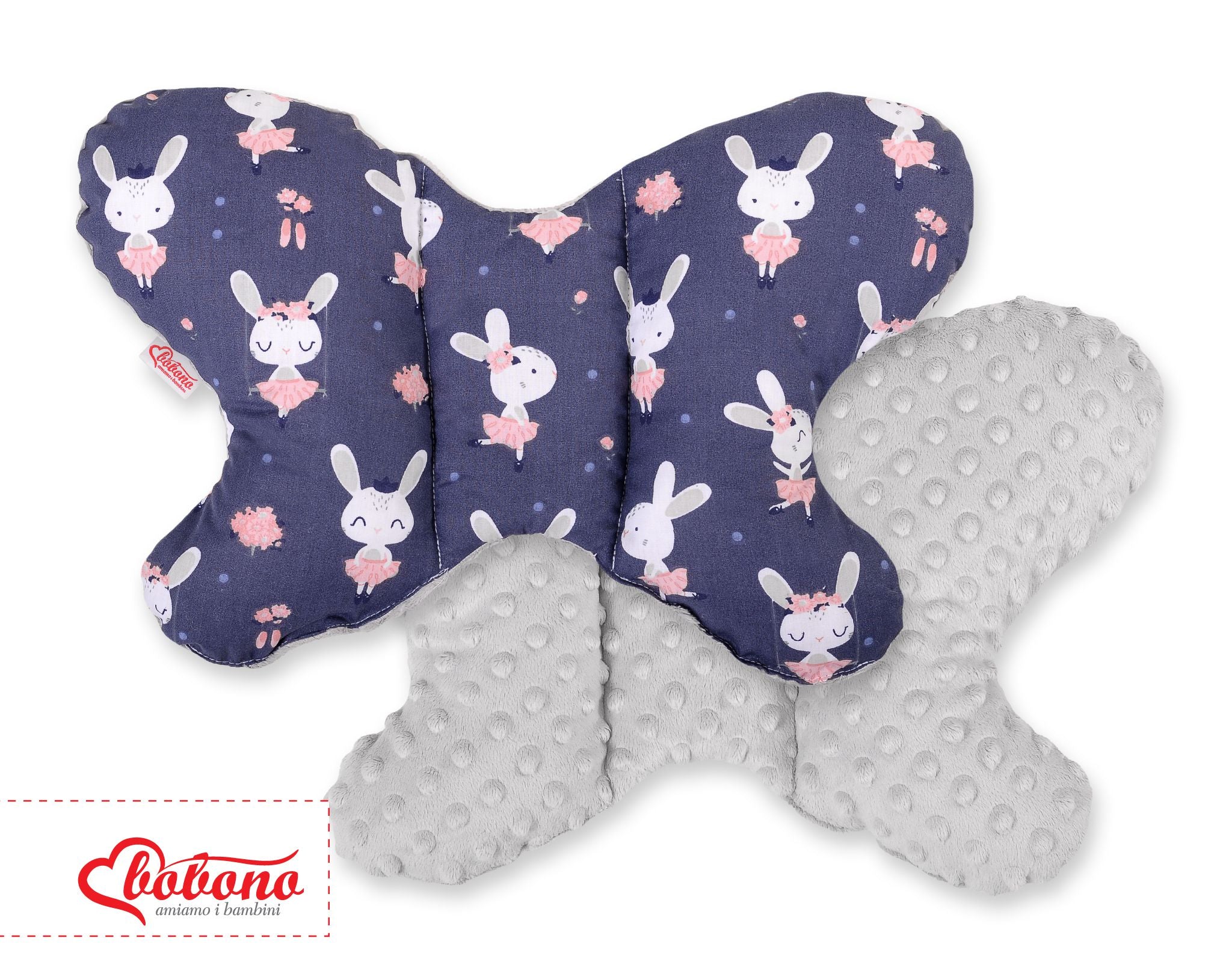 Double-sided anti shock cushion \"BUTTERFLY\" - rabbits navy blue/gray