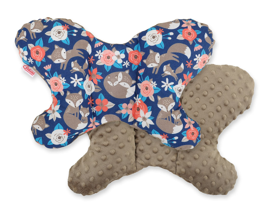 Double-sided anti shock cushion \"BUTTERFLY\" -  fox family on blue/brown