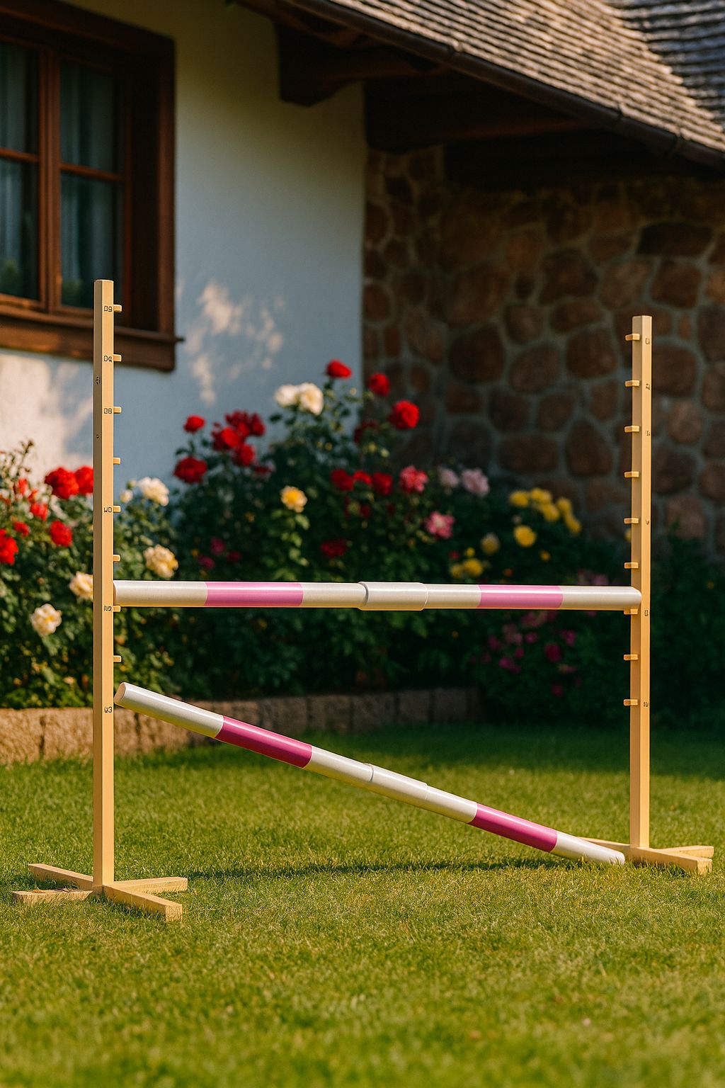 Jumping obstacle for Hobby Horse 160 cm, h-120 cm, with two bars - light pink and pink