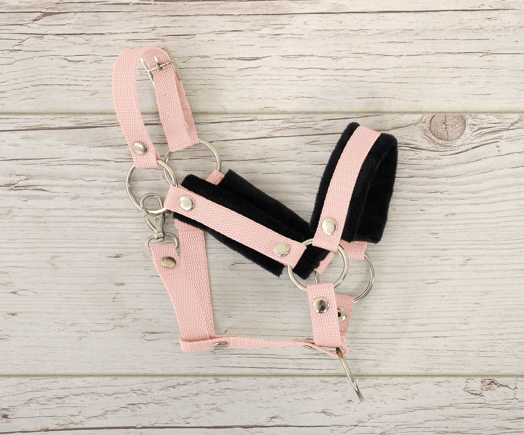 Set for Hobby Horse: the halter A3 with black furry + Tether made of cord - black-powder pink