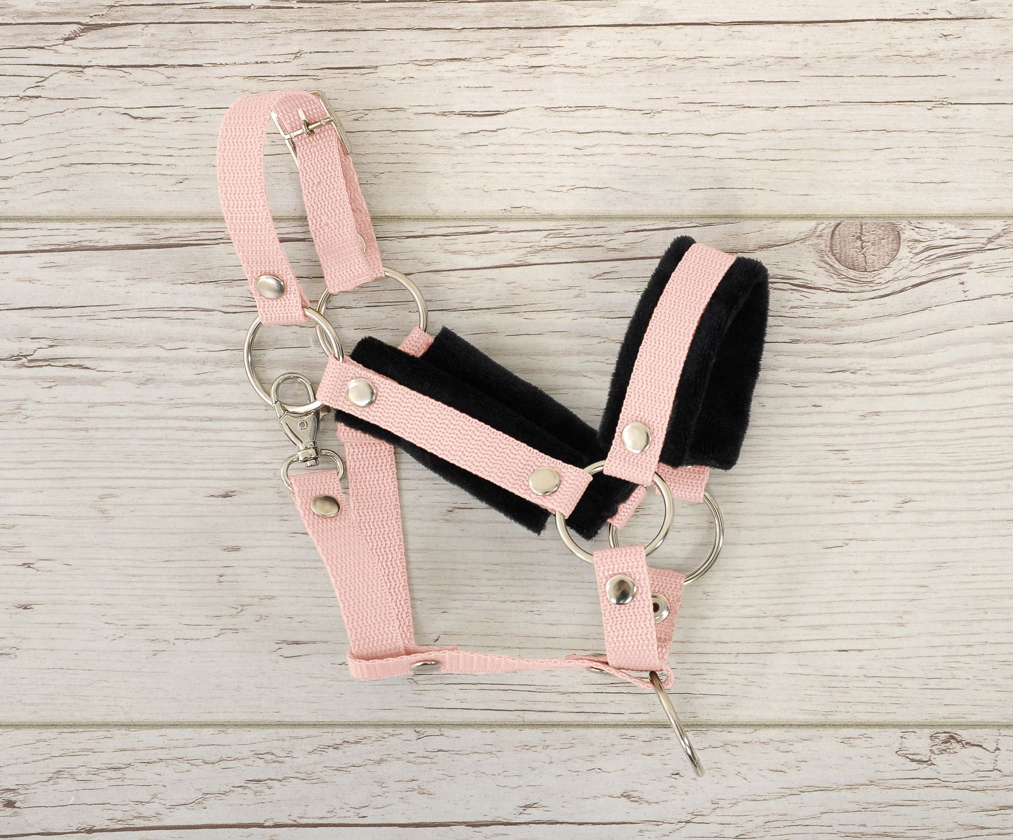 Set for Hobby Horse: the halter A3 with black furry + Tether made of cord - black-powder pink