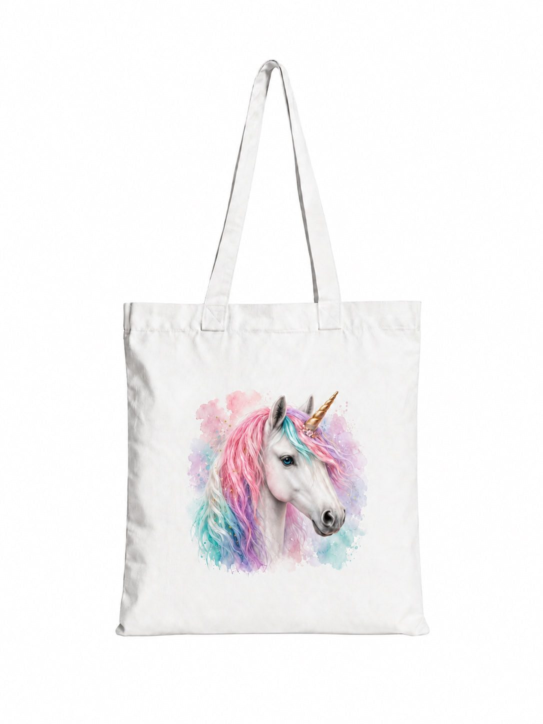 Cotton Tote Bag with White Unicorn Print – Colourful Mane – 38 × 42 cm