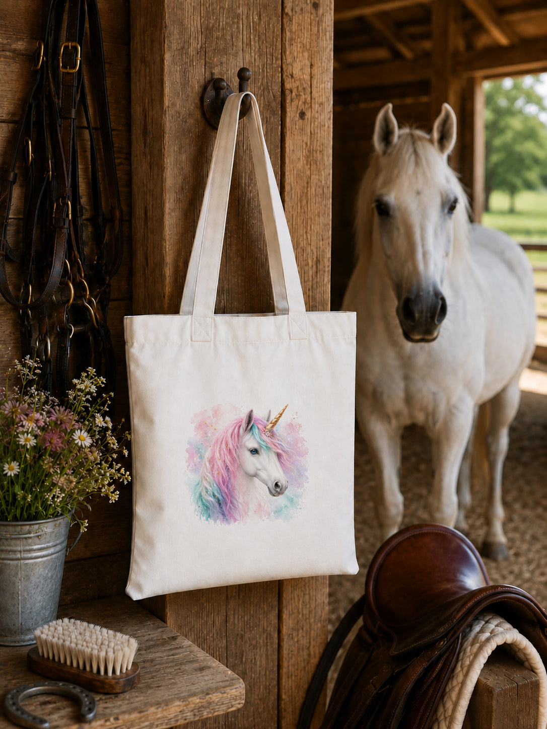 Cotton Tote Bag with White Unicorn Print – Colourful Mane – 38 × 42 cm