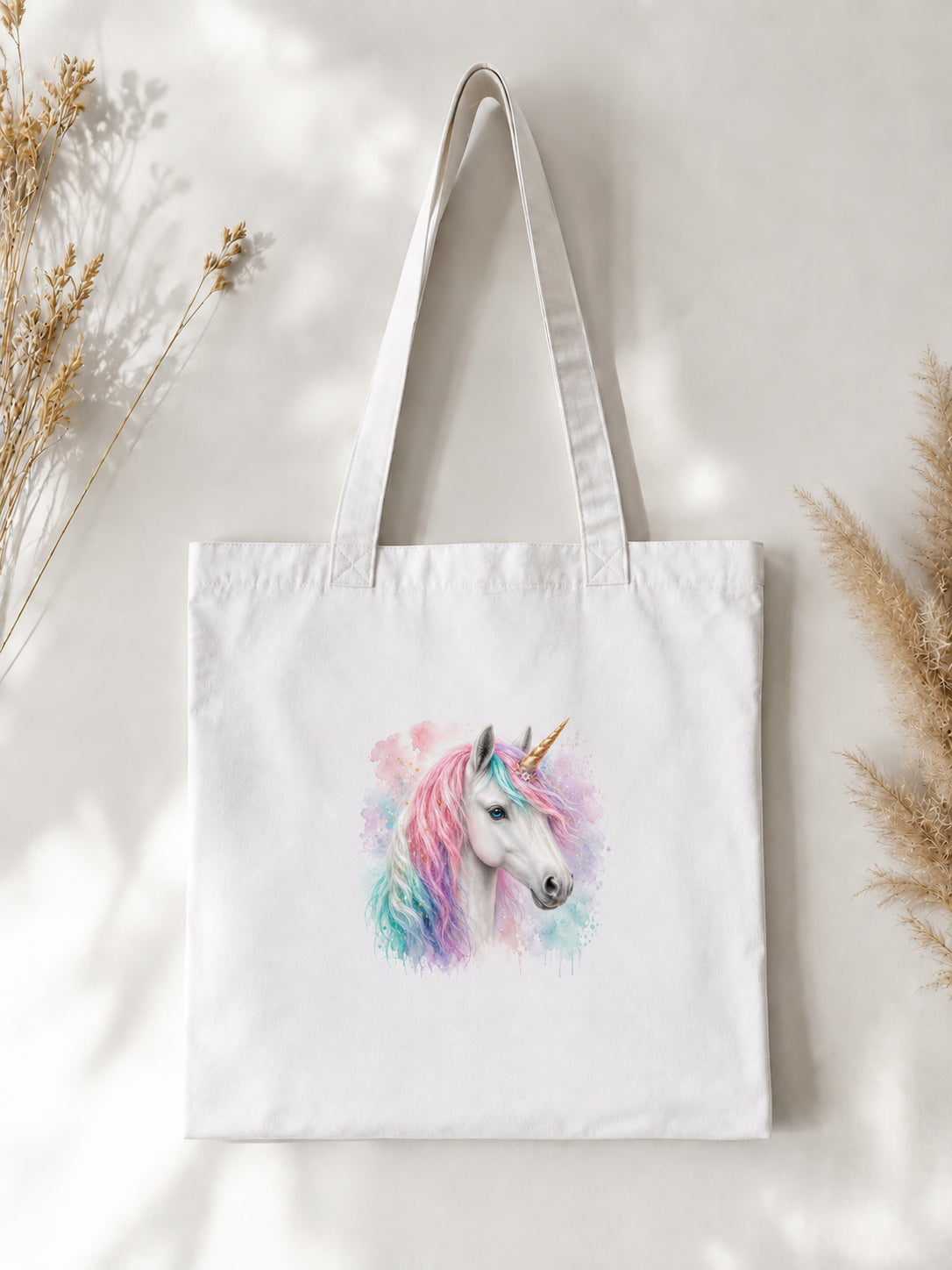 Cotton Tote Bag with White Unicorn Print – Colourful Mane – 38 × 42 cm