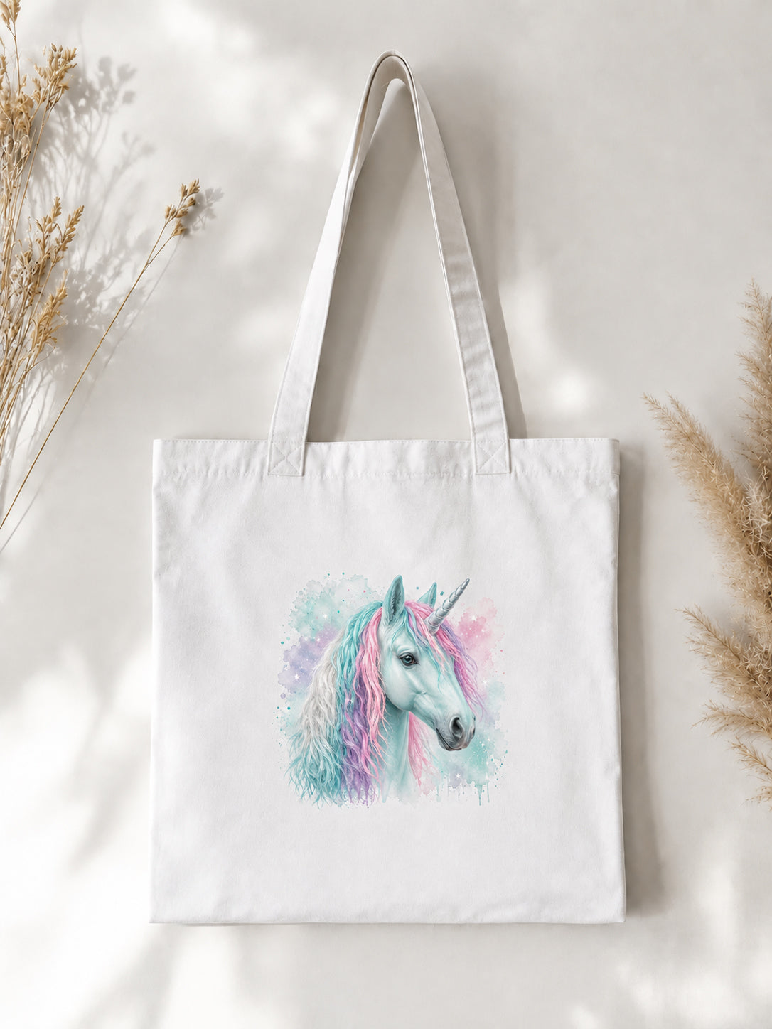 Cotton Tote Bag with Mint Green Unicorn Print – Colourful Mane – 38 × 42 cm