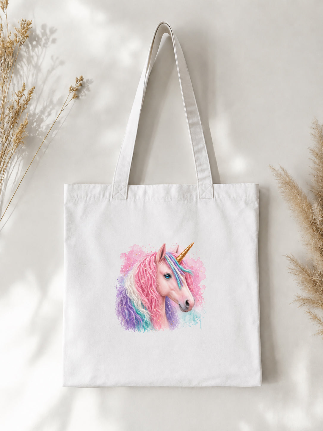 Cotton Tote Bag with Pink Green Unicorn Print – Colourful Mane – 38 × 42 cm