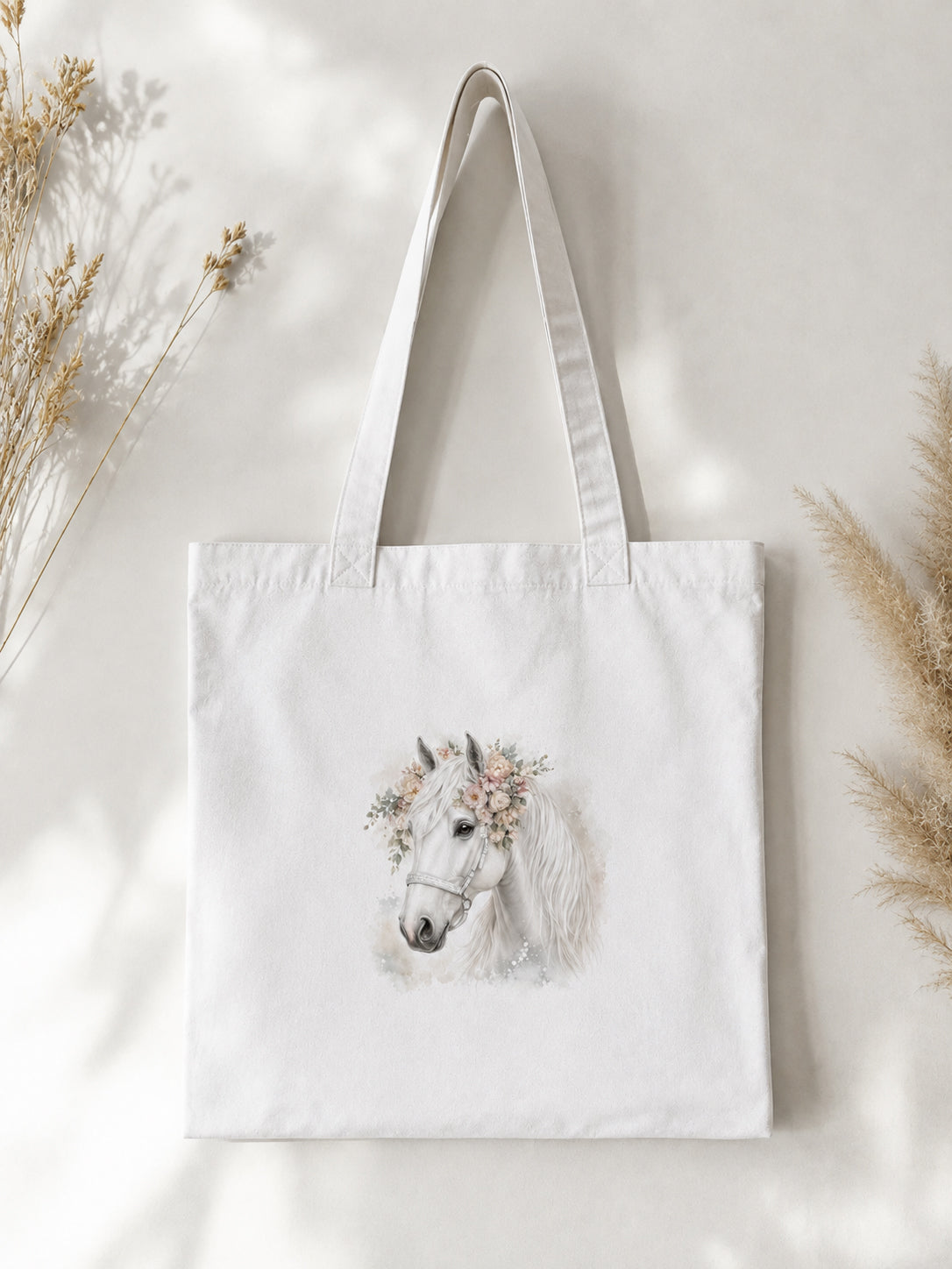 Cotton Tote Bag with White Horse Print – 38 × 42 cm
