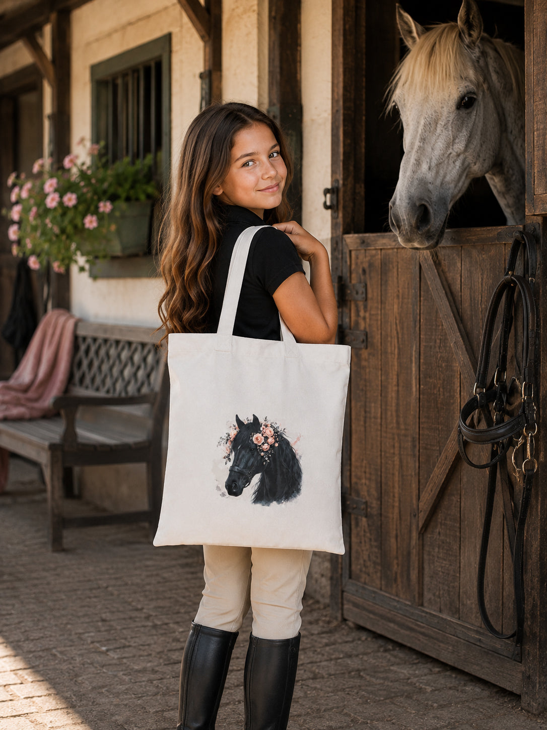 Cotton Tote Bag with Black Horse Print – 38 × 42 cm