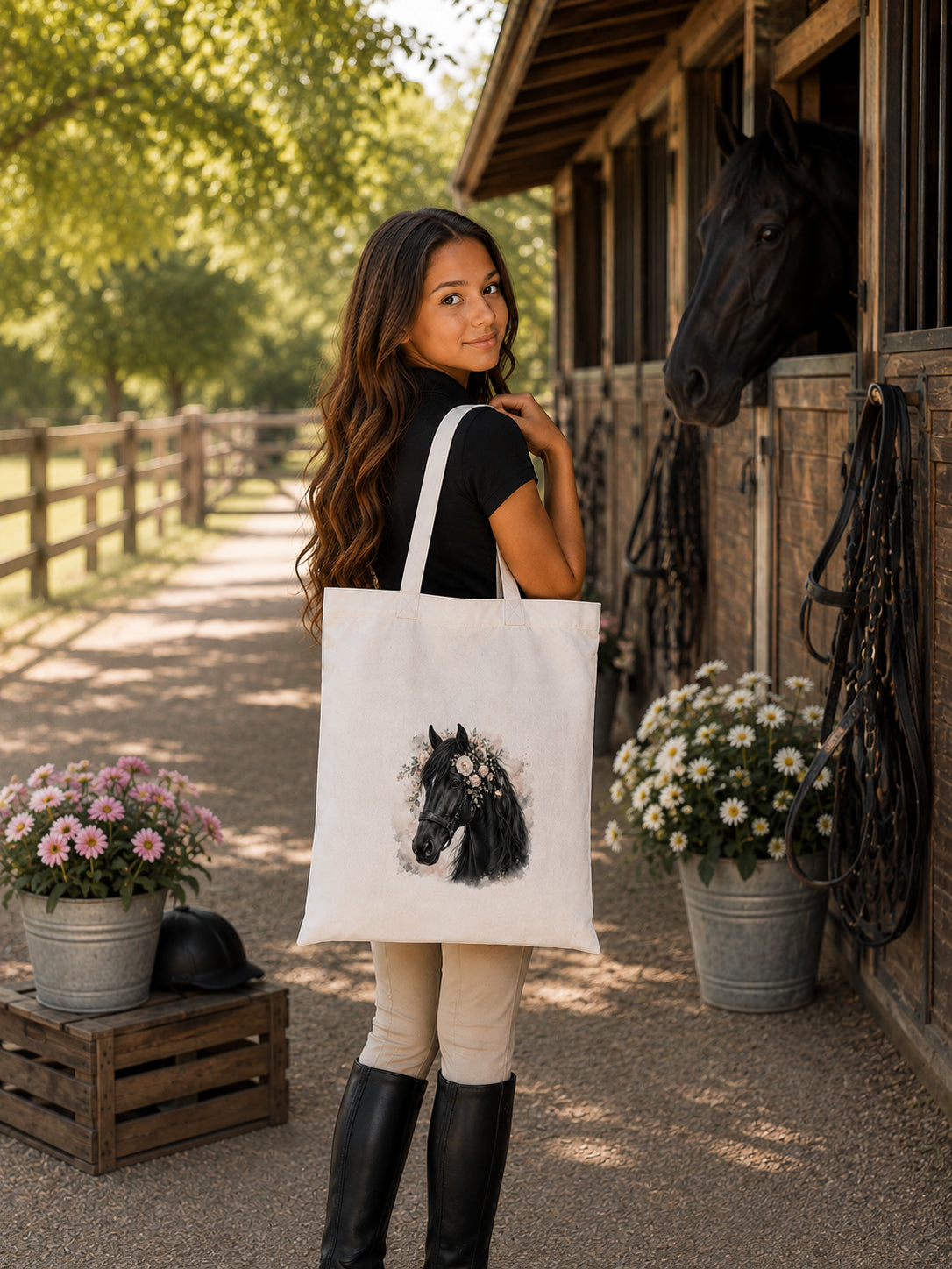 Cotton Tote Bag with Black Horse Print – 38 × 42 cm
