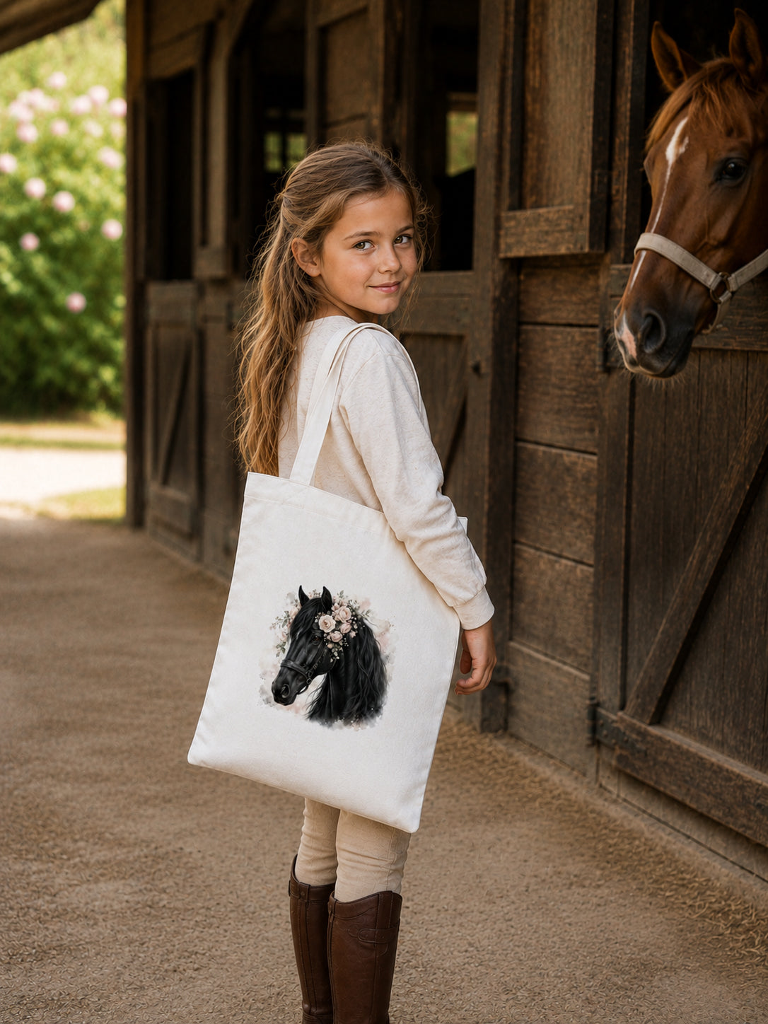 Cotton Tote Bag with Black Horse Print – 38 × 42 cm