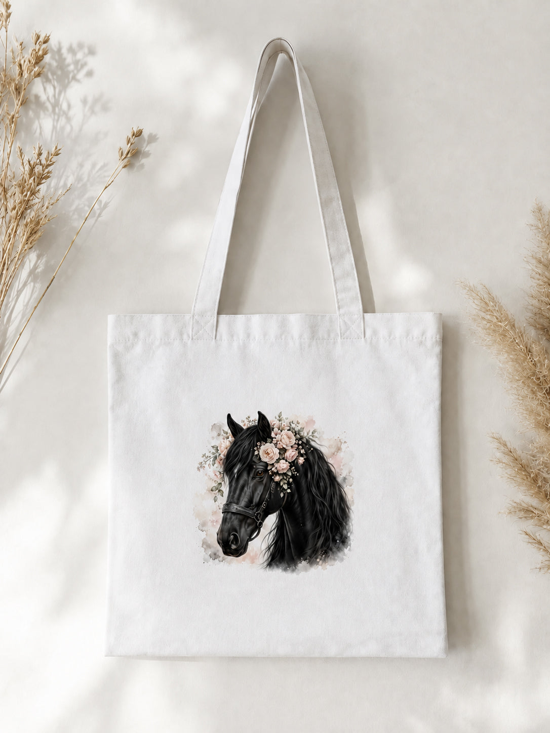 Cotton Tote Bag with Black Horse Print – 38 × 42 cm