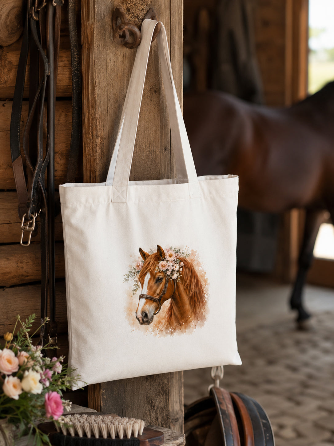 Cotton Tote Bag with Chestnut Horse Print – 38 × 42 cm