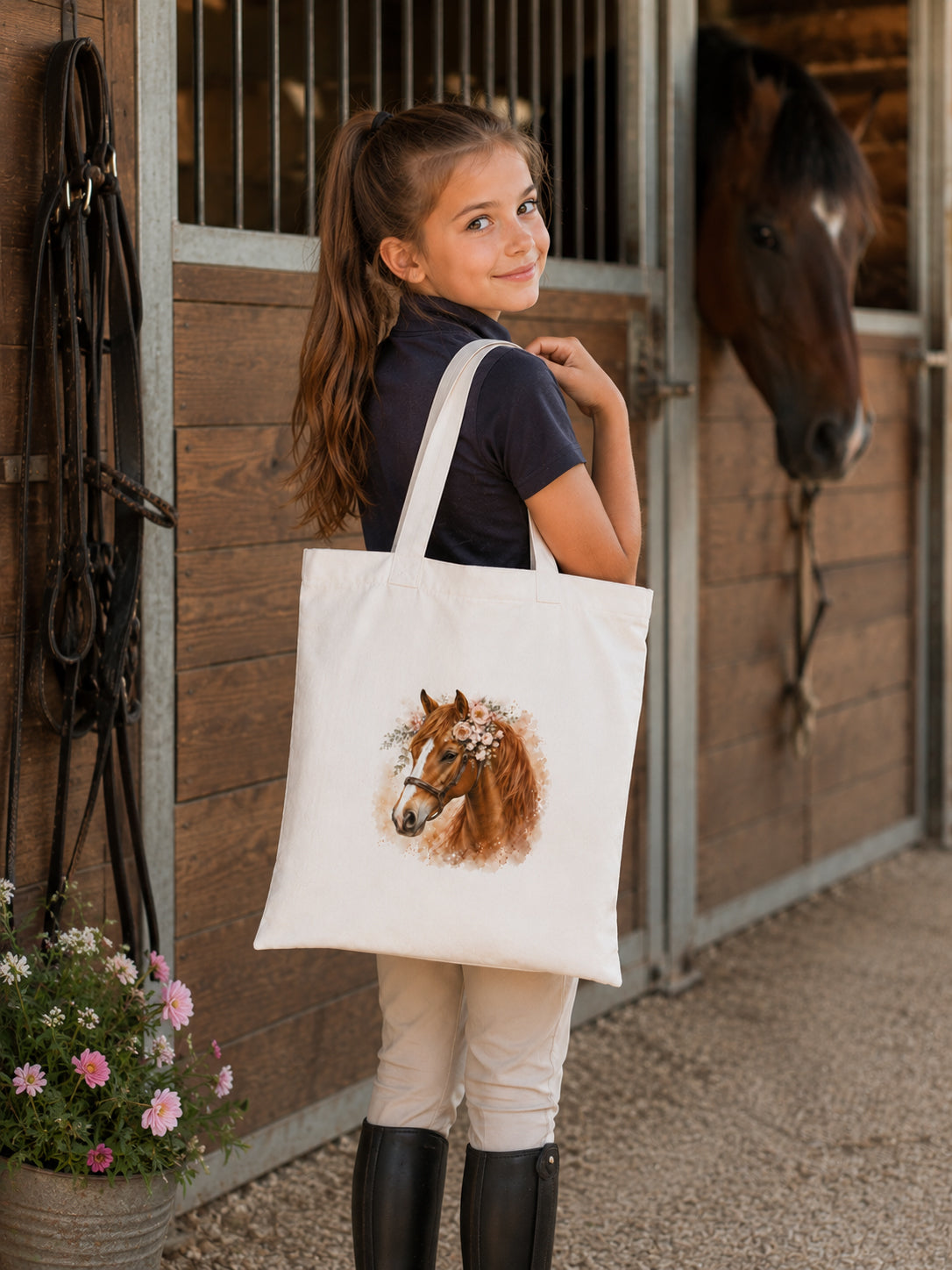 Cotton Tote Bag with Chestnut Horse Print – 38 × 42 cm