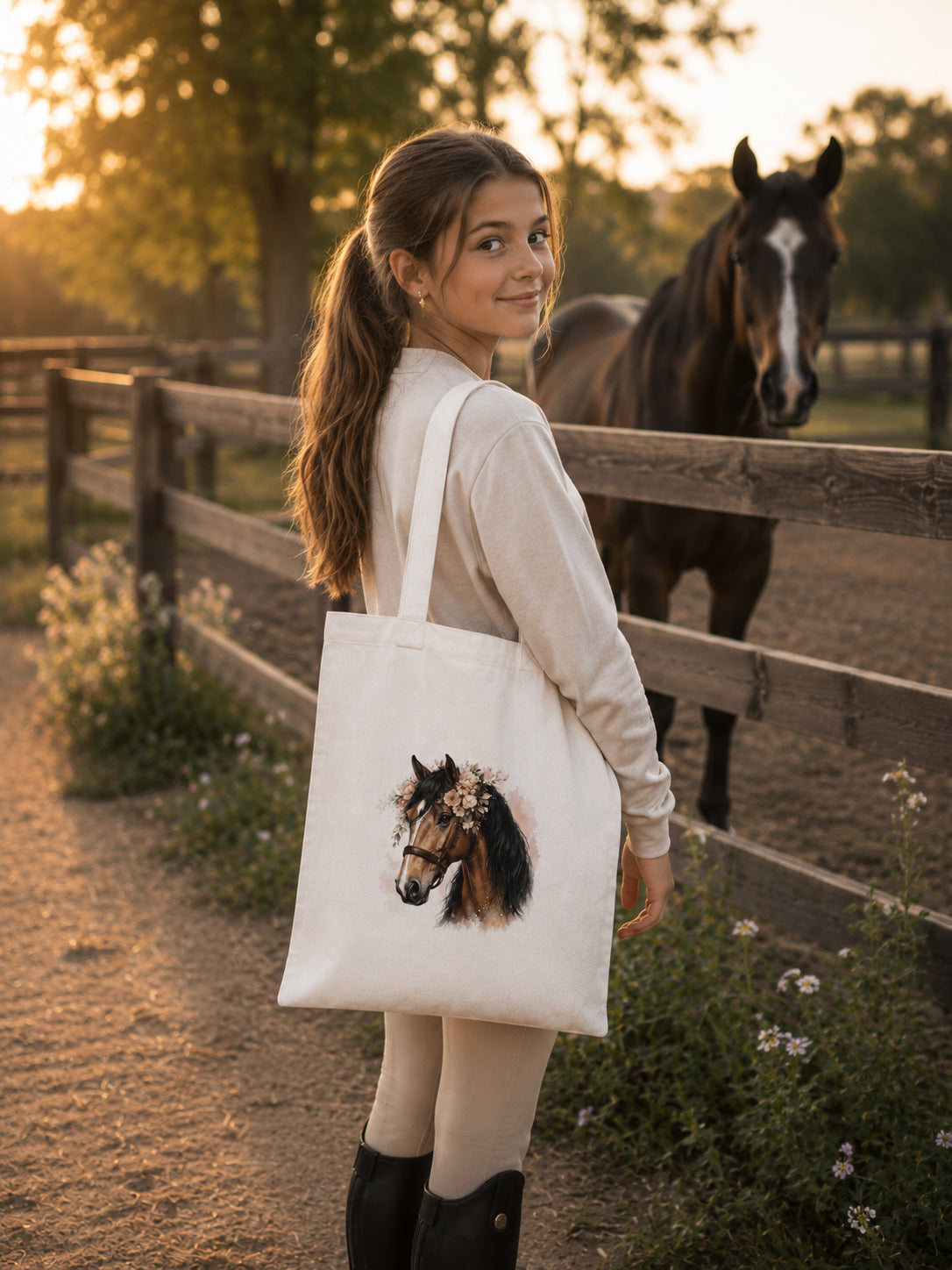 Cotton Tote Bag with Bay Horse Print – 38 × 42 cm