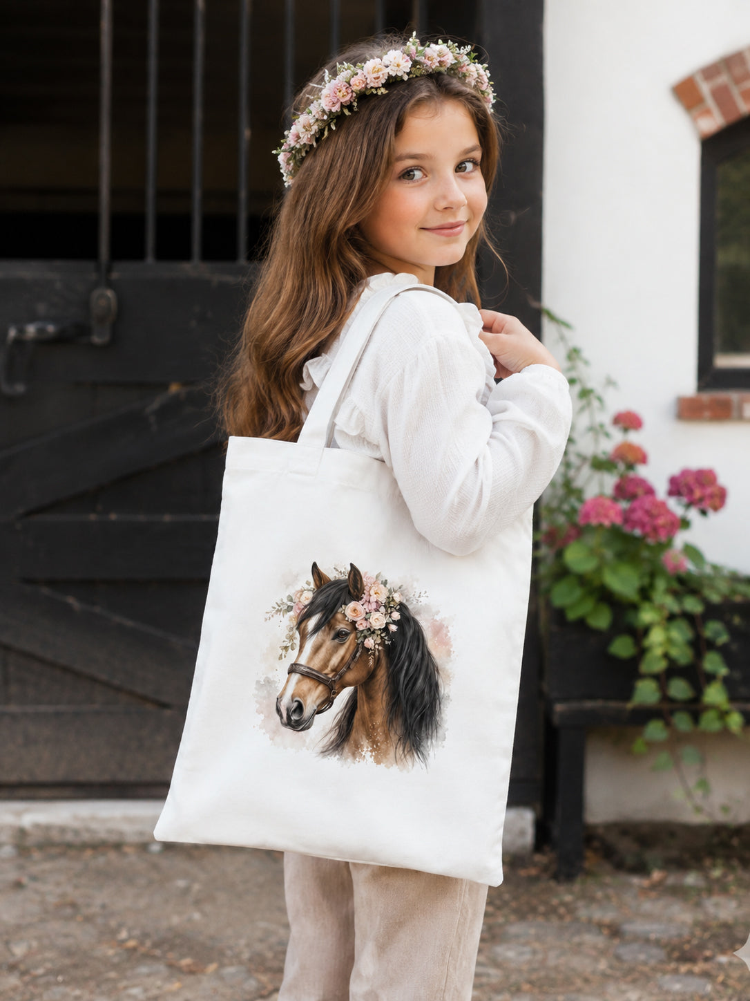 Cotton Tote Bag with Bay Horse Print – 38 × 42 cm