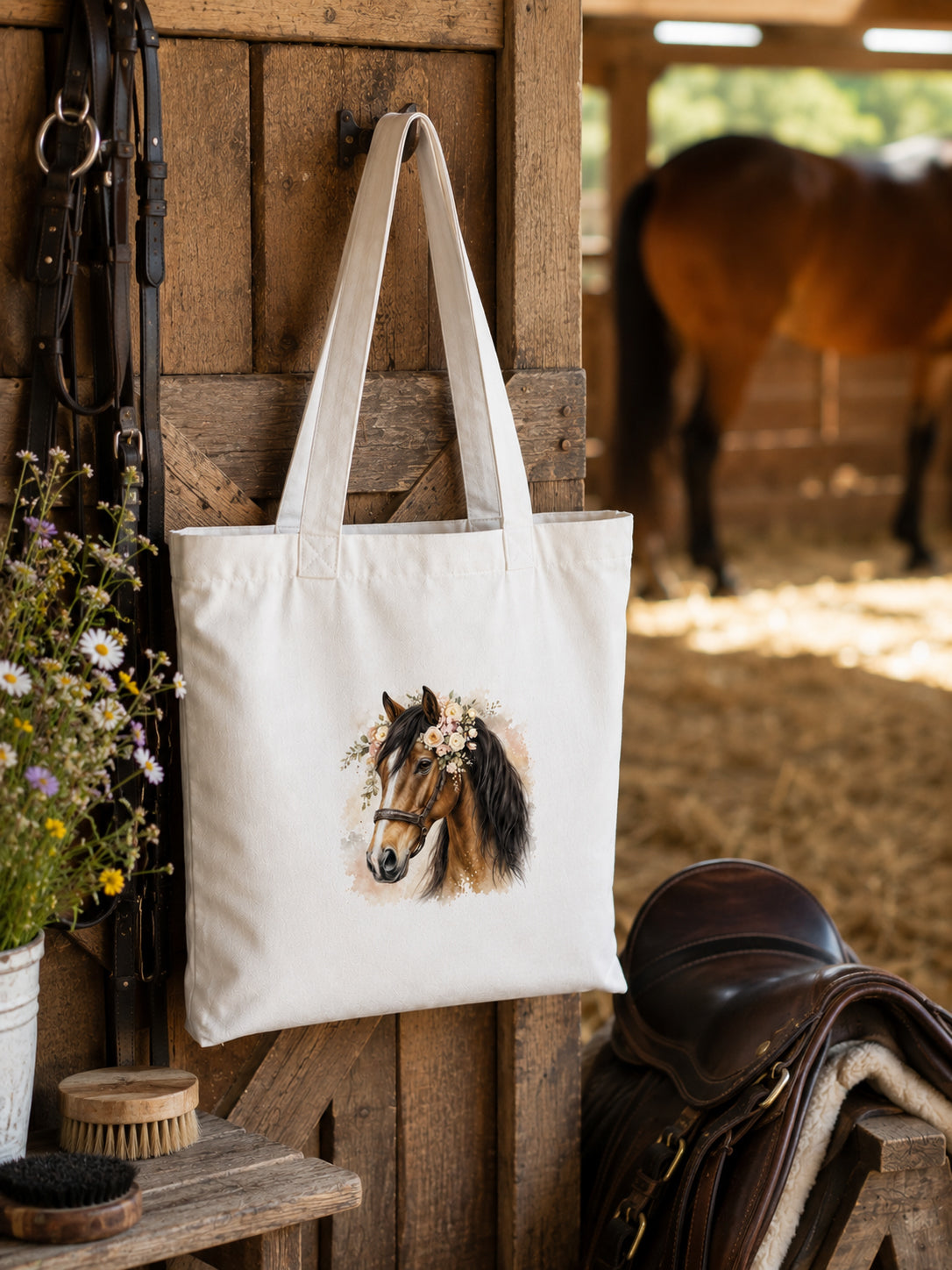 Cotton Tote Bag with Bay Horse Print – 38 × 42 cm