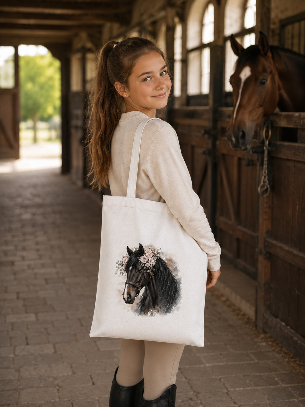 Cotton Tote Bag with Dark Bay Horse Print – 38 × 42 cm