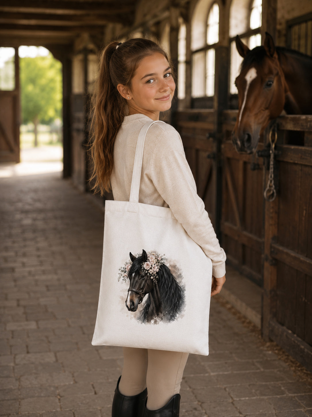 Cotton Tote Bag with Dark Bay Horse Print – 38 × 42 cm