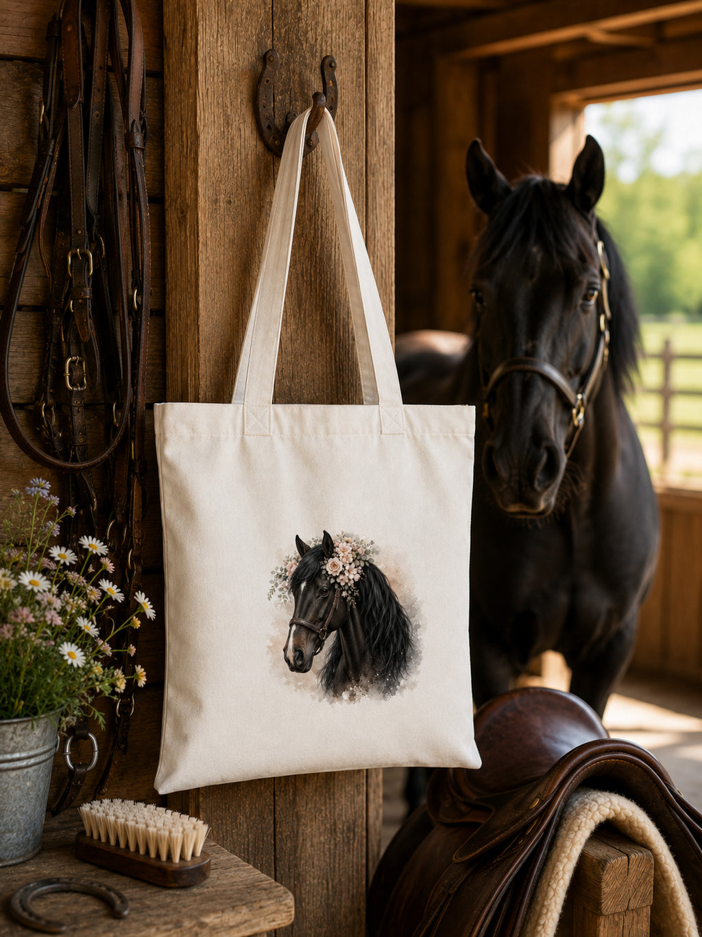 Cotton Tote Bag with Dark Bay Horse Print – 38 × 42 cm