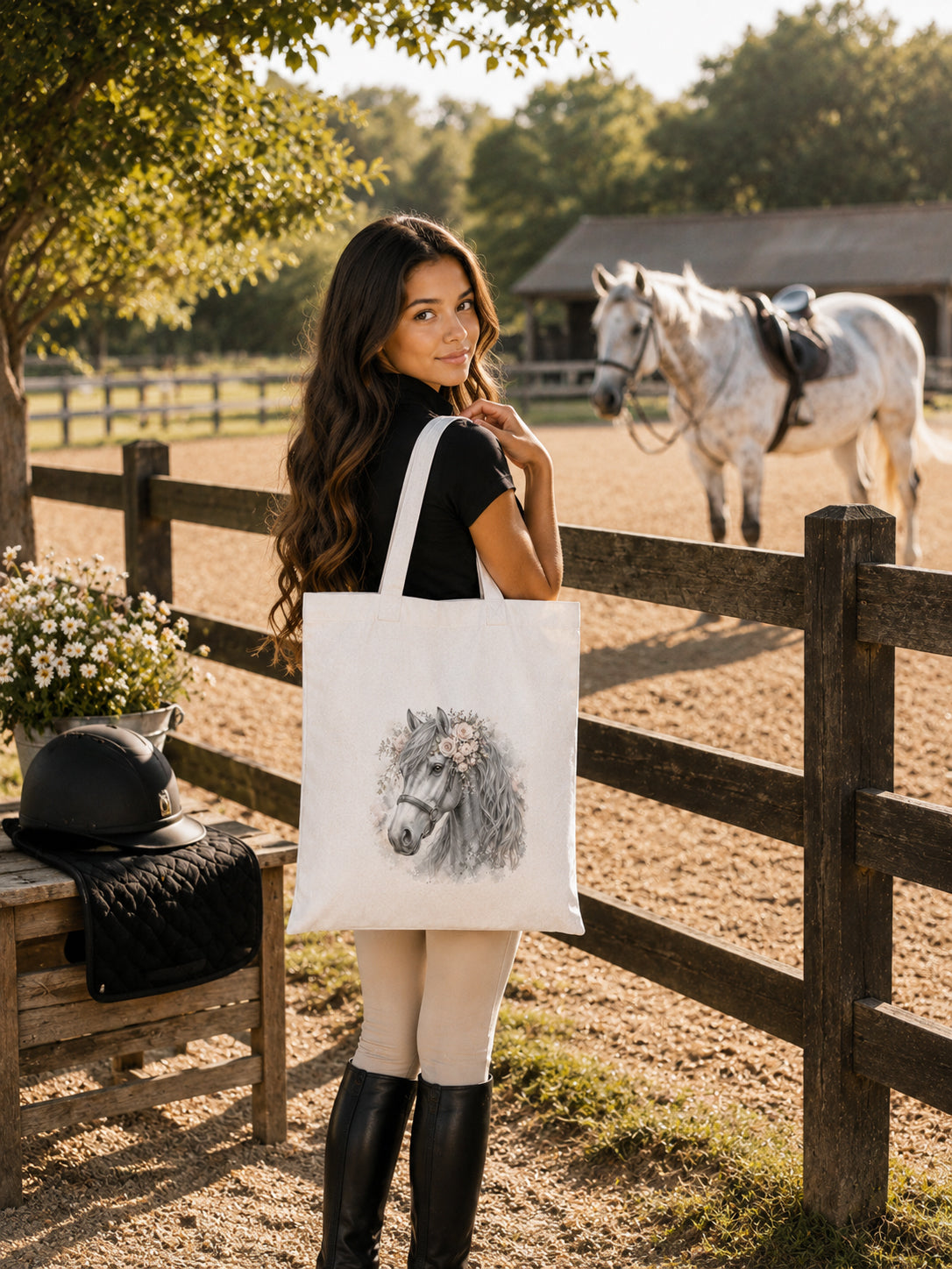 Cotton Tote Bag with Grey Horse Print – 38 × 42 cm